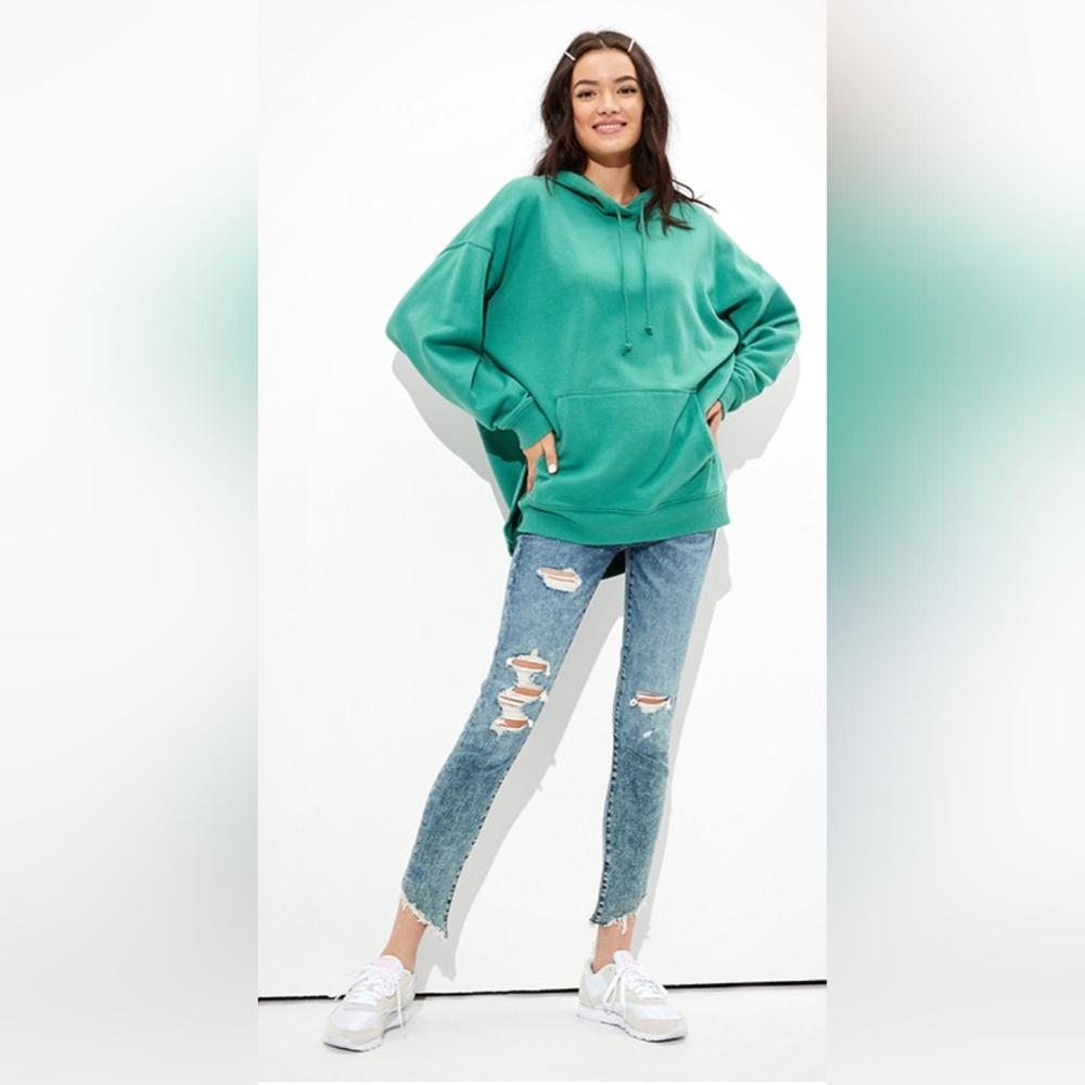 AE American Eagle Fleece Oversized Side Slit leaf green cozy Sweatshirt size S